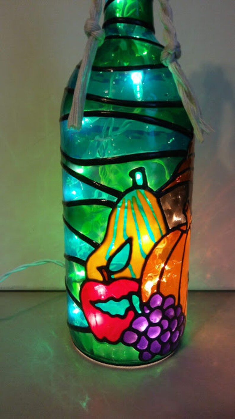 Thanksgiving Wine Bottle Lamp Hand Painted Stained Glass look large Bottle image 3