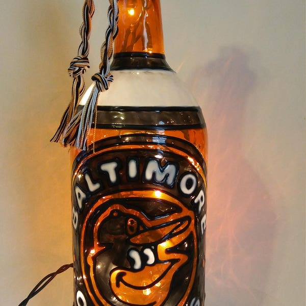 Baltimore Orioles Inspired Bottle Lamp Hand Painted Stained Glass Look Lighted