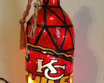 Lighted Handpainted Wine Bottle. Kansas City Chiefs Inspired Stained Glass look.