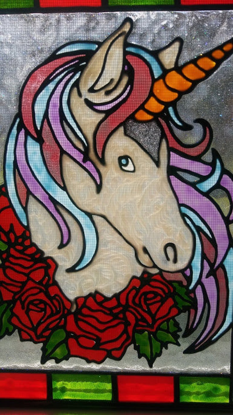 Unicorn and Roses Stained Glass Window Panel Hand Painted - Etsy
