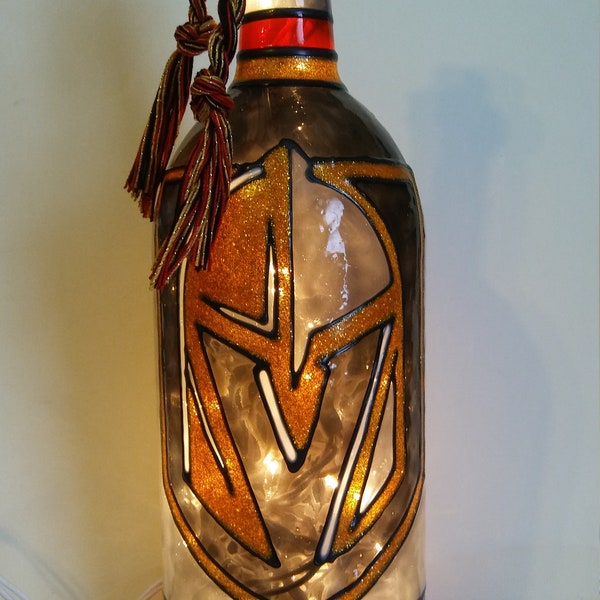 Las Vegas Golden Knights Inspired Bottle Lamp Stained Glass look Handpainted Lighted