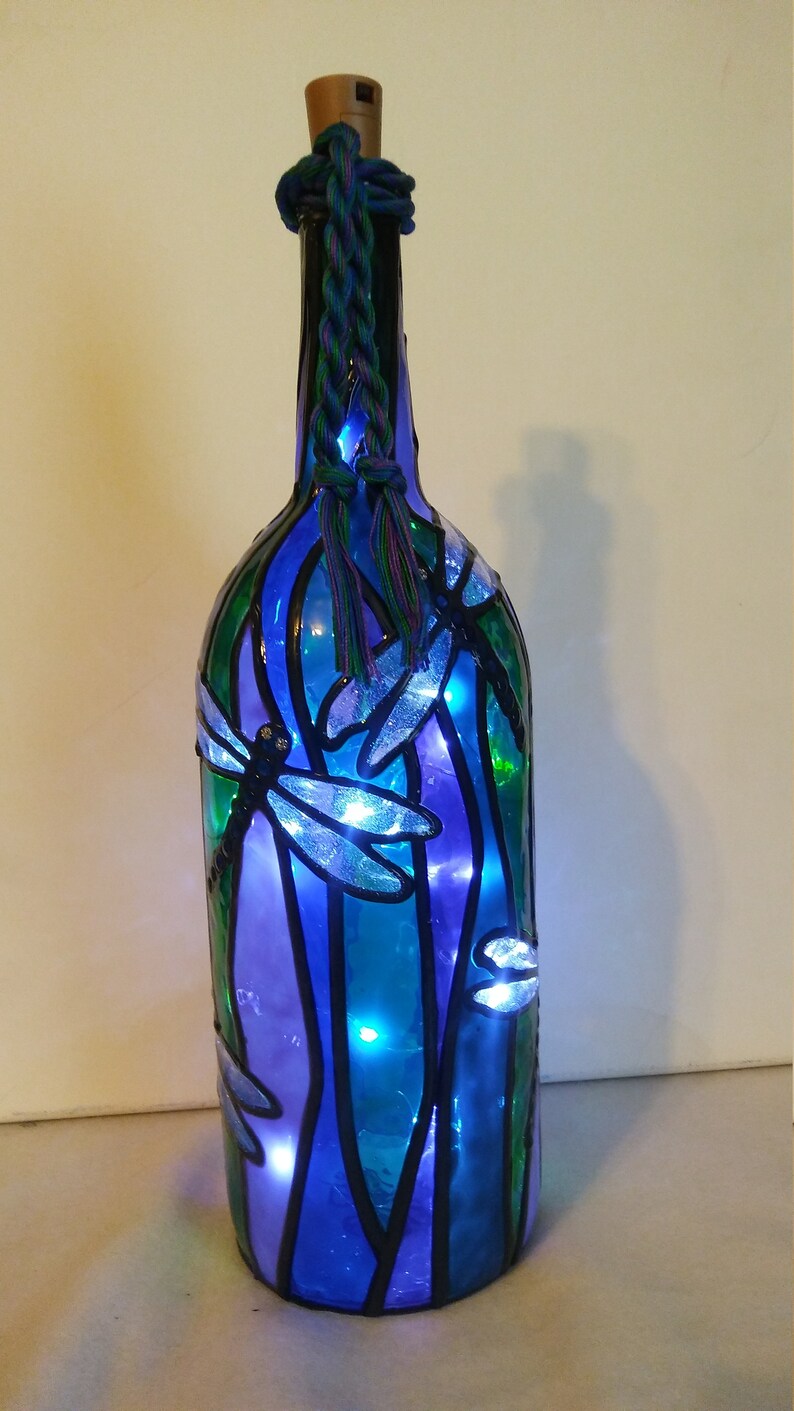 Dragonfly Lighted Hand Painted Wine Bottle Inspired Stained Etsy