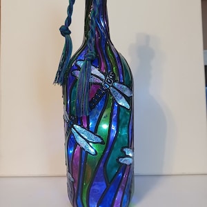 Dragonfly Lighted Hand painted Wine Bottle Inspired Stained Glass look 4