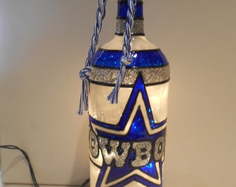 Dallas Cowboys inspired Wine Bottle Lamp Stained Glass Look Hand Painted