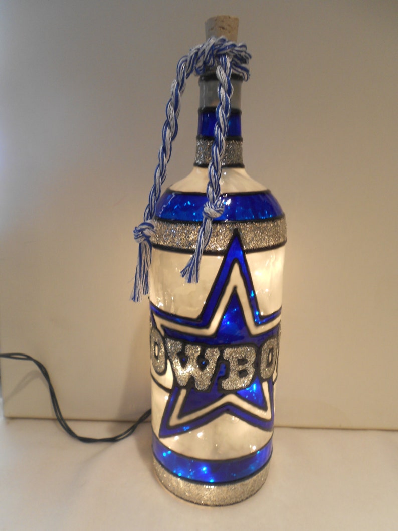 Dallas Cowboys inspired Wine Bottle Lamp Stained Glass Look Hand Painted image 1