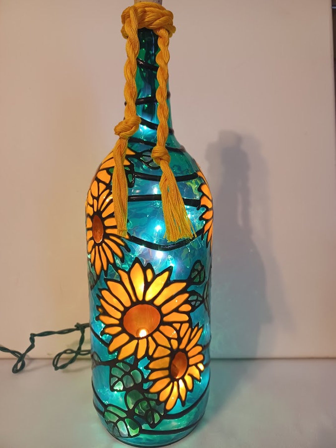 Sunflowers Wine Bottle Lamp Hand Painted Stained Glass Look Etsy UK