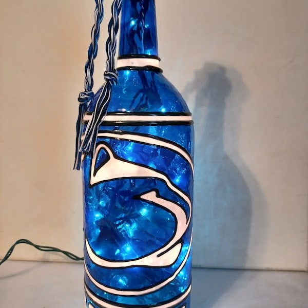 Penn State Lacross Inspired Wine Bottle Lamp Hand painted Stained Glass look.