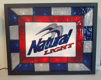 Natural Light Inspired Beer Sign Hand Painted Stained Glass look Shadow Box Lighted