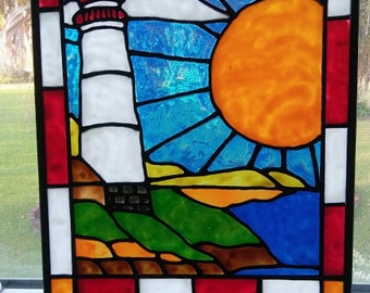 Lighthouse Sunshine Stained Glass Window Panel hand painted