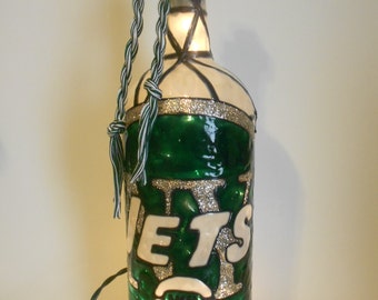 New York Jets Inspired Lighted Handpainted Wine Bottle Stained Glass look