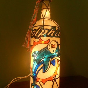 Miami Dolphins Inspired Wine Bottle Lamp Hand Painted Stained Glass Look Lighted image 1