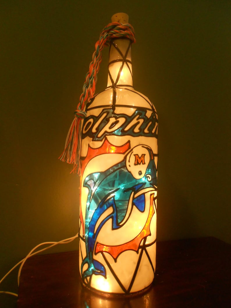 Miami Dolphins Inspired Wine Bottle Lamp Hand Painted Stained Glass Look Lighted image 1