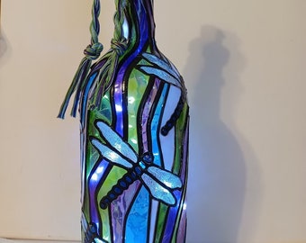 Dragonfly Lighted Hand painted Wine Bottle Inspired Stained Glass look 3