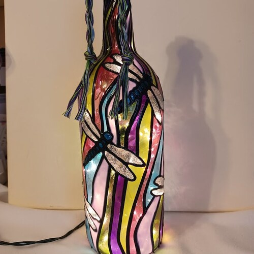 Dragonfly Lighted Hand Painted Wine Bottle Inspired Stained Etsy