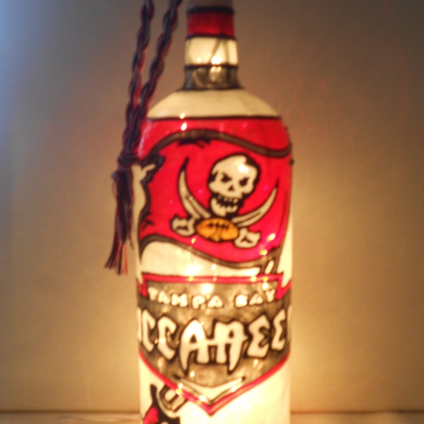 Tampa Bay Buccaneers Inspired Bottle Lamp Handpainted Stained Glass Look