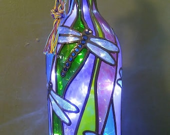 Dragonfly Lighted Handpainted Wine Bottle Inspired Stained Glass look 2