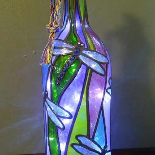 Dragonfly Lighted Handpainted Wine Bottle Inspired Stained Etsy