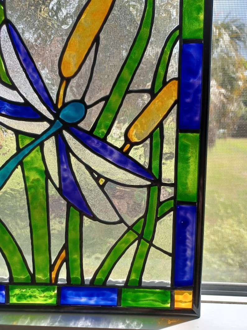 Dragonfly Stained Glass Window Panel Hand Painted Etsy