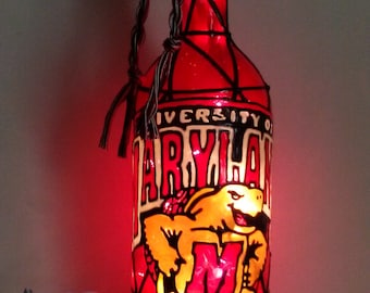 University of Maryland Inspired Bottle Lamp Hand Painted Stained Glass Look Lighted