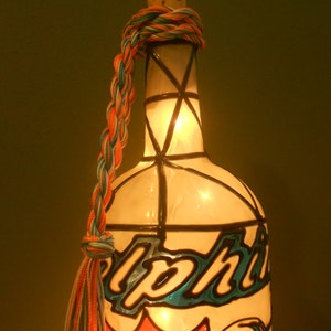 Miami Dolphins Inspired Wine Bottle Lamp Hand Painted Stained Glass Look Lighted image 3