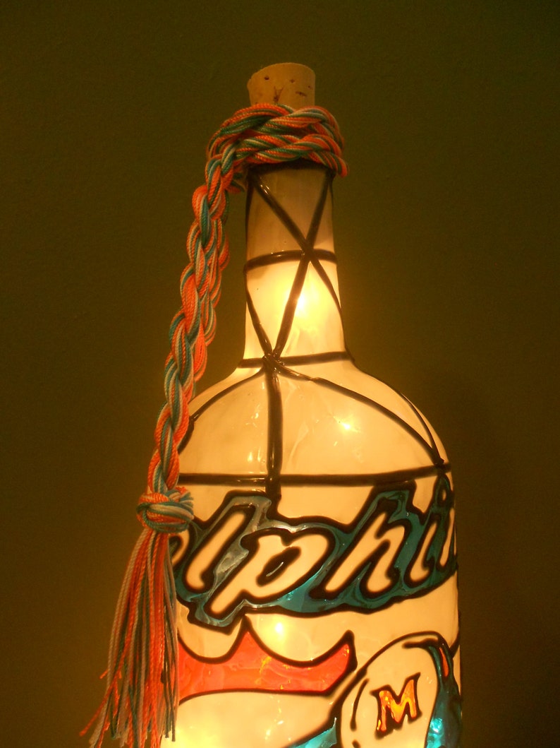 Miami Dolphins Inspired Wine Bottle Lamp Hand Painted Stained Glass Look Lighted image 3