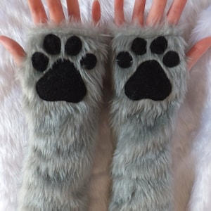 Elbow Length Colour Choice Furry Faux Fur Cat Wolf Fox Husky Dog Bear Paw Grey Fingerless Long Gloves Arm Warmers Winter Christmas