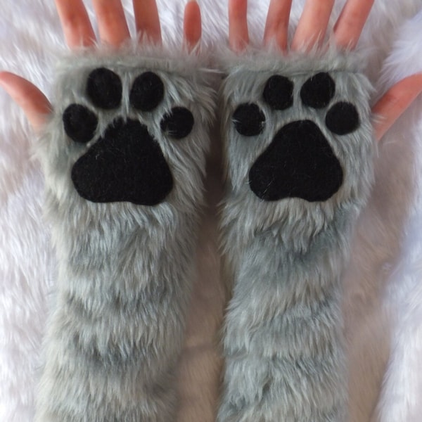 Elbow Length Colour Choice Furry Faux Fur Cat Wolf Fox Husky Dog Bear Paw Grey Fingerless Long Gloves Arm Warmers Winter Christmas