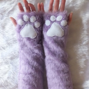 Flieder/ Farbwahl Ellbogenlänge Pelz Kunstfell Katze Wolf Fuchs Husky Hund Bär Pfote lila fingerlose lange Handschuhe Armstumpfen Winter Weihnachten