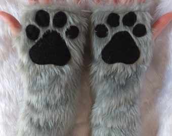 Elbow Length Colour Choice Furry Faux Fur Cat Wolf Fox Husky Dog Bear Paw Grey Fingerless Long Gloves Arm Warmers Winter Christmas