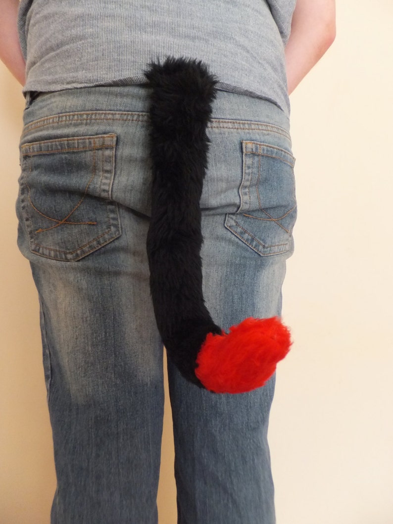 Black Red Tip Cosplay Furry Cat Tail Wired or Unwired Neko Costume Wired Halloween Dress-up