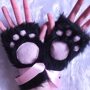 Cute Black & Pink Furry Cosplay Cat Kitty Neko Paw Fingerless Gloves Wrist Warmers Kawaii Halloween Festival Costume image 3