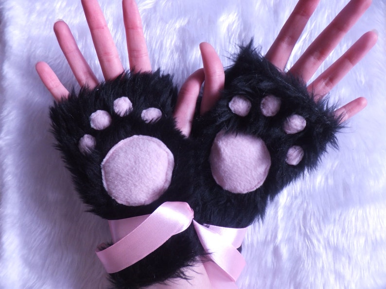 Cute Black & Pink Furry Cosplay Cat Kitty Neko Paw Fingerless Gloves Wrist Warmers Kawaii Halloween Festival Costume image 3