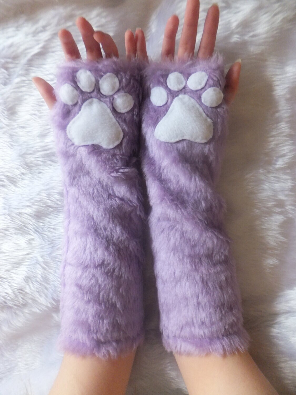 Flieder/ Farbwahl Ellbogenlänge Pelz Kunstfell Katze Wolf Fuchs Husky Hund Bär Pfote lila fingerlose lange Handschuhe Armstumpfen Winter Weihnachten