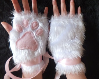 Wähle deine Farben | Niedliche weiße pelzige Katze Schneefuchs Neko rosa Pfotenabdruck fingerlose Handschuhe Pulswärmer Halloween-Kostüm