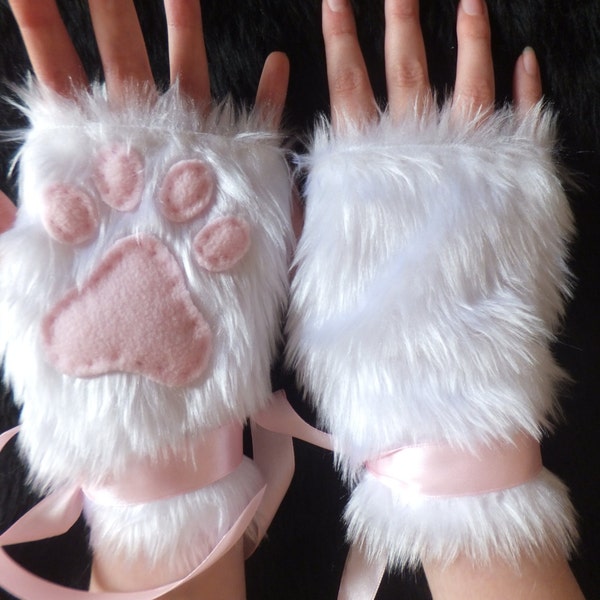 Choose Your Colours | Cute White Furry Cat Snow Fox Neko Pink Paw Print Fingerless Gloves Wrist Warmers Halloween Costume