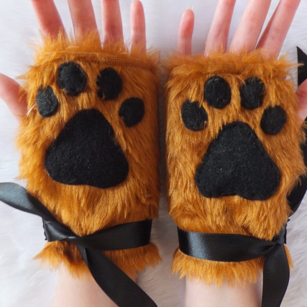 Chestnut Medium Brown Furry Wolf Fox Dog Bear Lion Cat Paw Print Fingerless Gloves Wrist Warmers Werewolf Halloween Costume Festival Fursuit