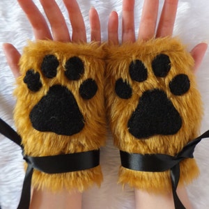 Brown Furry Wolf Fox Dog Bear Lion Cat Paw Print Fingerless Gloves Wrist Warmers Werewolf Halloween Costume Festival Fursuit image 1