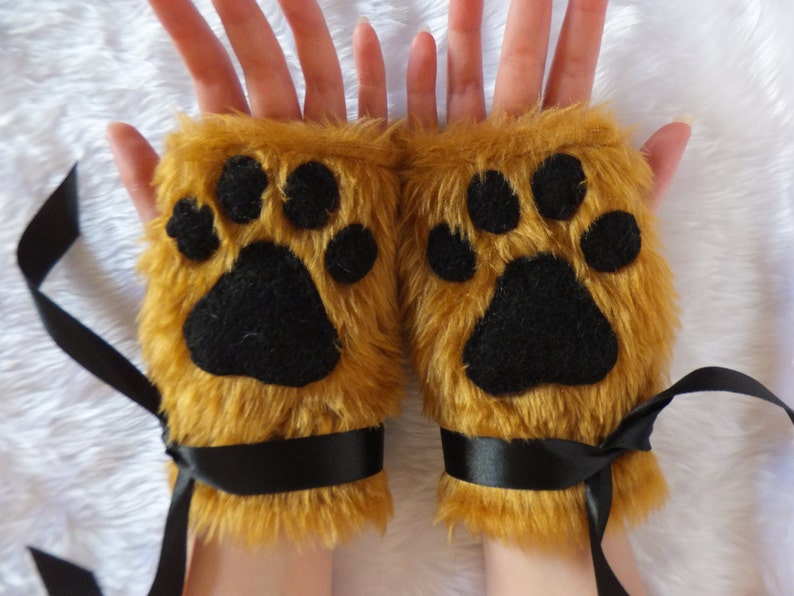 Brown Furry Wolf Fox Dog Bear Lion Cat Paw Print Fingerless Gloves Wrist Warmers Werewolf Halloween Costume Festival Fursuit image 1