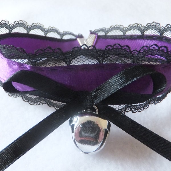 Purple Cosplay Black Lace Silver Bell Cat Collar Maid Choker Cute Kawaii Emo Gothic Lolita Kitten Play Pet Slave BDSM Fetish Anime