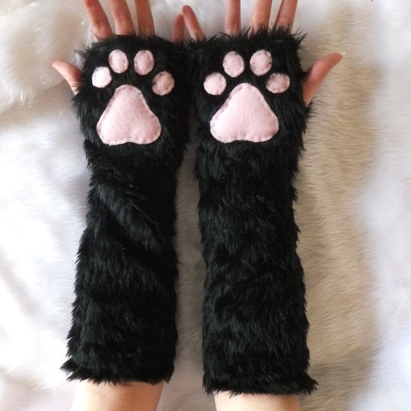 Choose Your Colours | Black Elbow Length Furry Faux Fur Cat Wolf Fox Neko Paw Grey Fingerless Long Gloves Arm Warmers Halloween