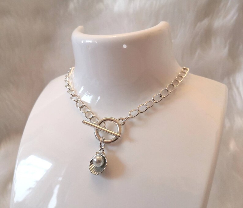 Mermaid Sea Shell Faux Pearl Charm T-Bar Necklace Earring Gift Set Valentines Alternative Hippy Boho Silver Cosplay