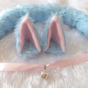 Light Blue Furry Cosplay Cat Neko Set Ears Hair Clips Tail Bell Collar Kawaii Cute Halloween Festival Costume