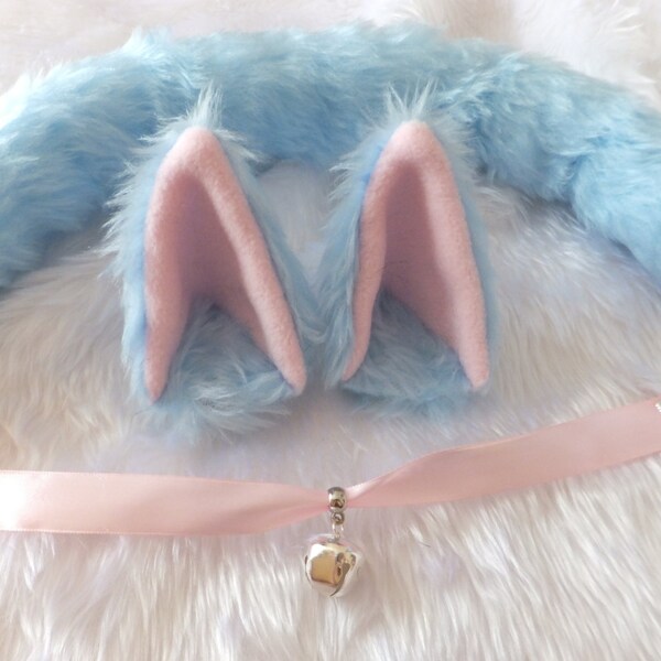 Light Blue Furry Cosplay Cat Neko Set Ears Hair Clips Tail Bell Collar Kawaii Cute Halloween Festival Costume