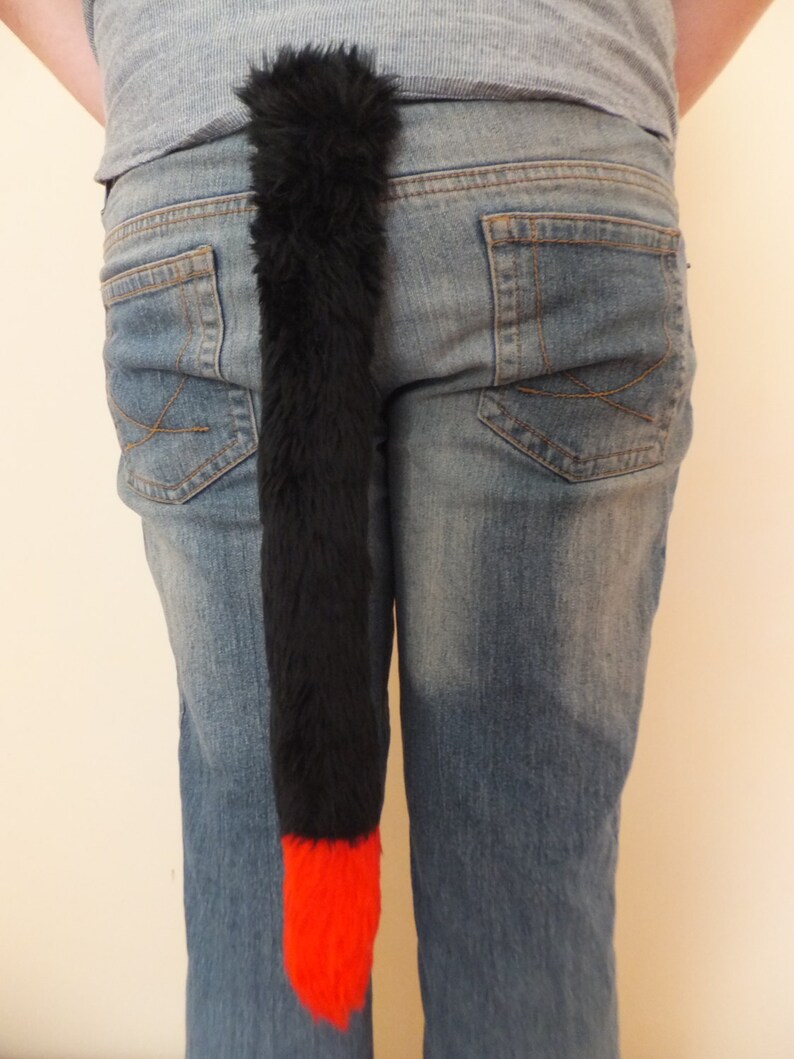 Black Red Tip Cosplay Furry Cat Tail Wired or Unwired Neko Costume Wired Halloween Dress-up