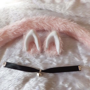 Light Pink Furry Cosplay Cat Neko Set Ears Hair Clips Tail Bell Collar Kawaii Cute Halloween Festival Costume