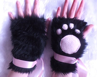Niedliche schwarze & rosa pelzige Cosplay Katze Kitty Neko Paw Fingerlose Handschuhe Pulswärmer Kawaii Halloween Festival Kostüm