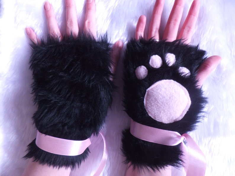 Cute Black & Pink Furry Cosplay Cat Kitty Neko Paw Fingerless Gloves Wrist Warmers Kawaii Halloween Festival Costume image 1