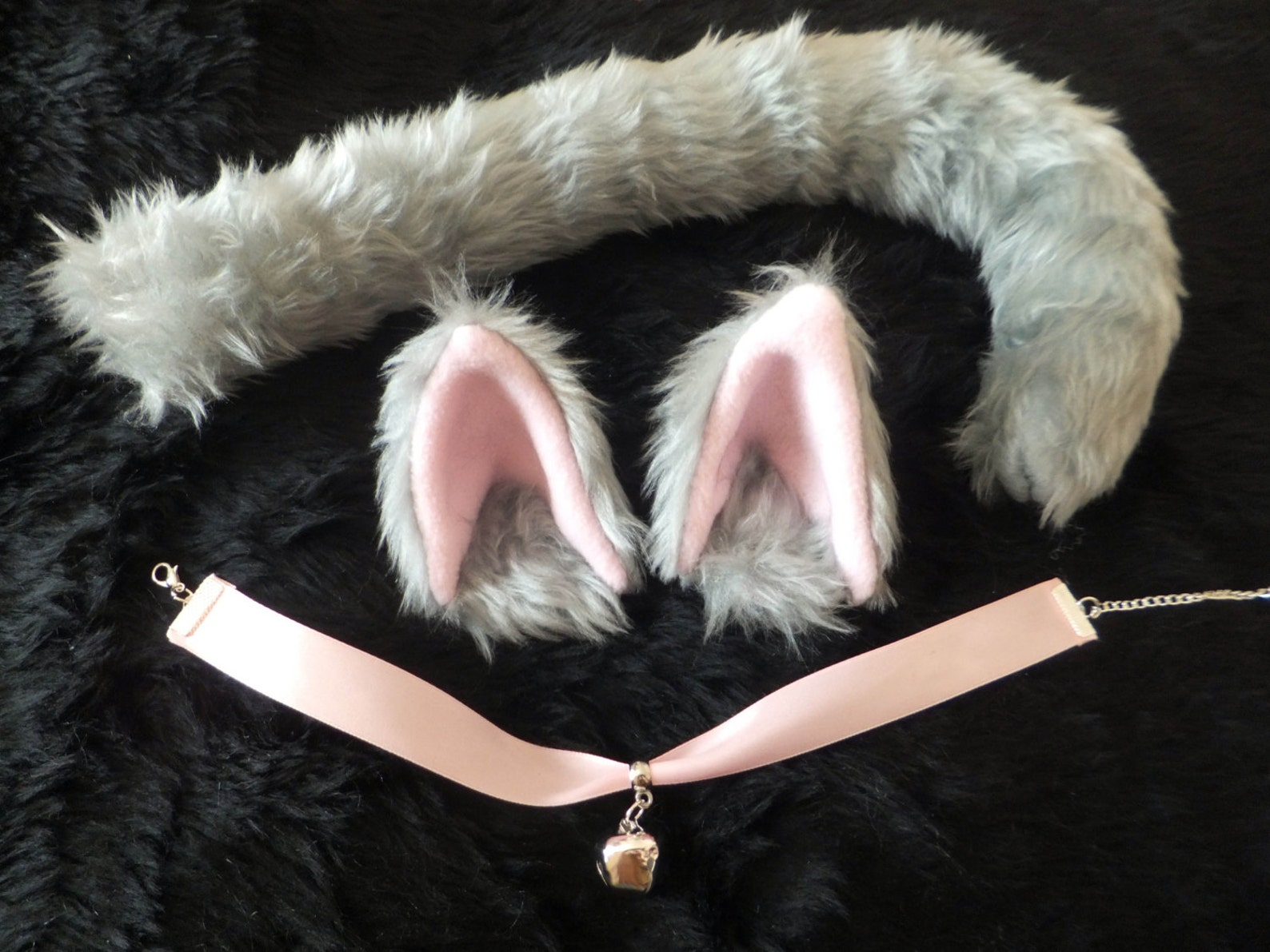 Grey Cosplay Cat Set With Ears Tail & Bell Collar Wired Etsy