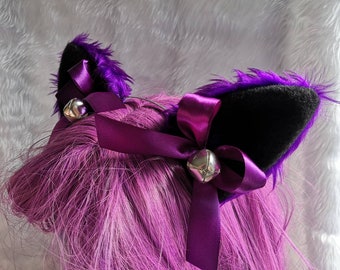 Choose Your Colours | Purple Black Furry Cat Ears Ribbons Bells Headband Kawaii Halloween Costume Festival Goth Fursuit Cute Neko Cosplay