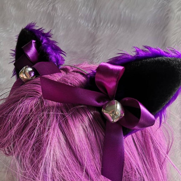 Choisissez vos couleurs | Violet Noir Fourrure Fourrure Chat Oreilles Rubans Cloches Bandeau Kawaii Halloween Costume Festival Goth Fursuit Mignon Neko Cosplay